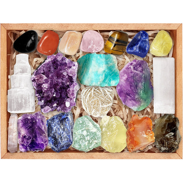 ★特選♡セット★1.5kg超【GIFT♡箱入り約10石☆クリスタルカルサイト】❤️ Deluxe Crystal Starter Kit (20 Pieces) | Wooden Box | AOVILA