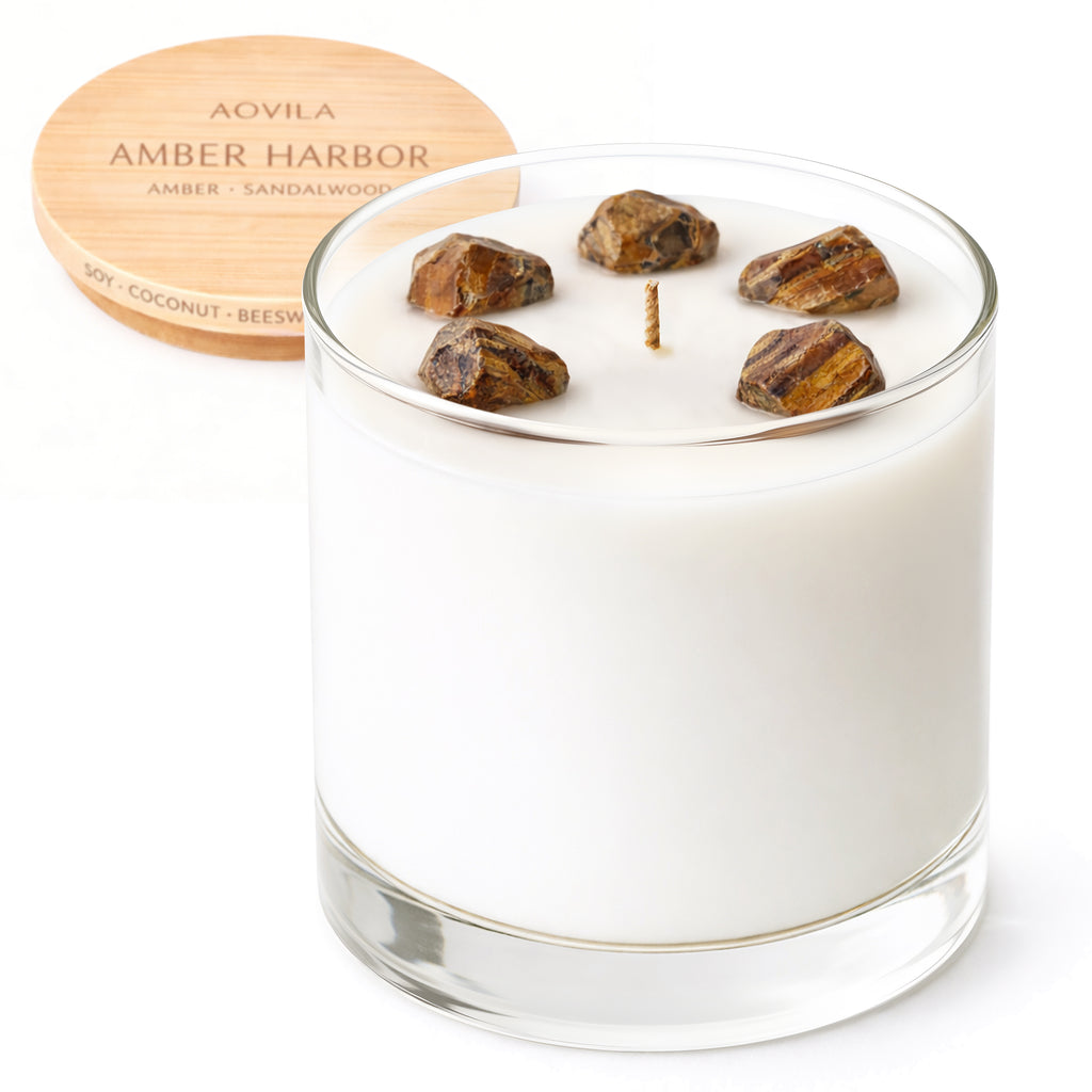 AOVILA Amber Harbor scented candle with tiger eye stones and Amber Sandalwood fragrance