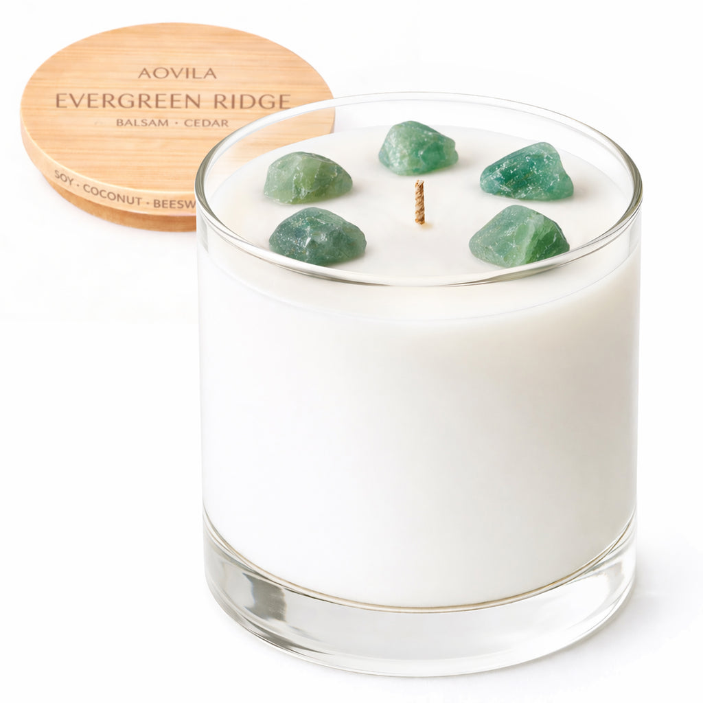 AOVILA Evergreen Ridge scented candle with natural green aventurine and balsam cedar fragrance