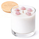 AOVILA Pink Coastline scented candle with sea salt and pink grapefruit fragrance, topped with natural rose quartz crystal