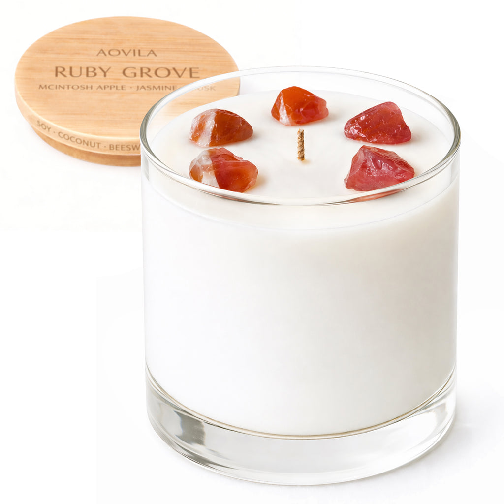 AOVILA Ruby Grove scented candle with natural red agate and McIntosh apple jasmine musk fragrance
