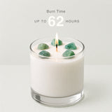 AOVILA Evergreen Ridge burn time graphic showing up to 62 hours with a soy coconut beeswax blend