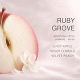 AOVILA Ruby Grove scent note chart with McIntosh apple, crisp greens, jasmine, sheer florals, velvet peach, and soft musk