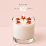 AOVILA Ruby Grove burn time graphic showing up to 62 hours with a soy coconut beeswax blend