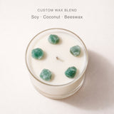 AOVILA Evergreen Ridge soy coconut beeswax blend candle with natural green aventurine detail