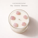 AOVILA Pink Coastline soy coconut beeswax blend candle with natural rose quartz crystal detail