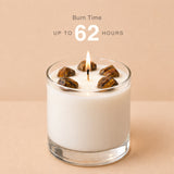 AOVILA Amber Harbor burn time graphic showing up to 62 hours and soy coconut beeswax blend